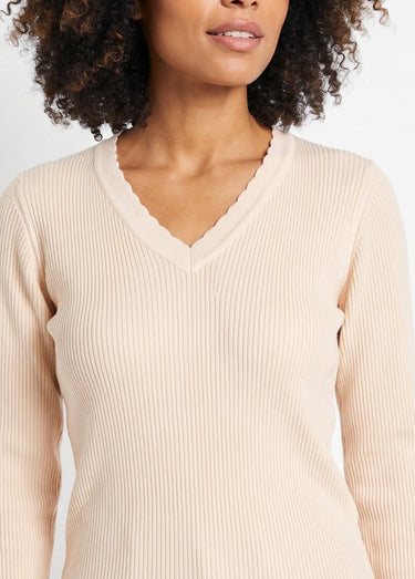 Pull fin uni maille côtelée col V Beige