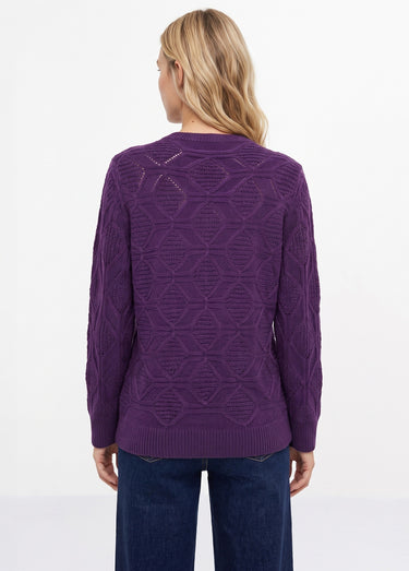 Pull tunique mi long uni col rond maille ajourée Violine