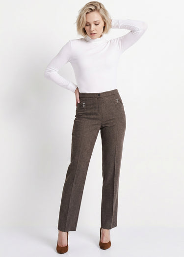 Pantalon droit chevrons ou chiné entrejambe 70 cm Chine Marron