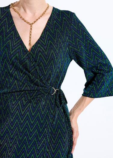Robe cache-coeur court maille brillante imprimée Bleu/Vert