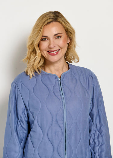 Veste unie matelassée zippée courte col rond Bleu Jean