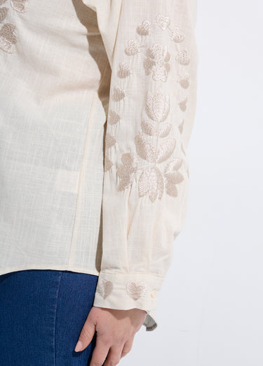 Chemiser boutonné avec broderies fleurs Ecru/Beige