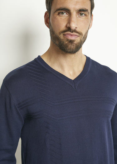 Pull col V manches longues coton Marine