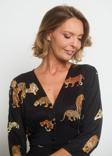 Robe fluide imprimé animalier col V Noir Imprime