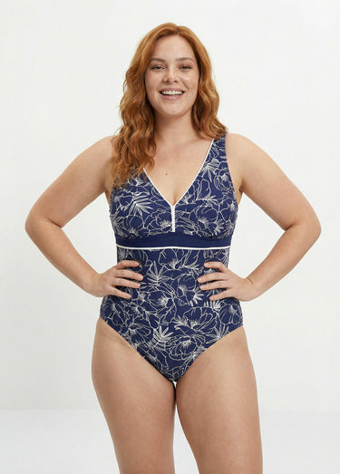 Maillot de bain 1 pièce V, fleuri Imp Bleu