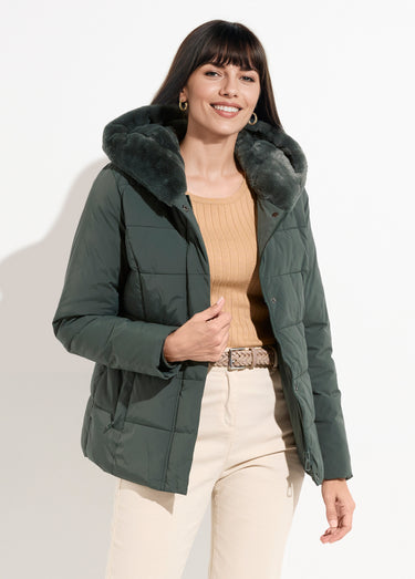 Doudoune courte avec capuche fourrure Vert Foret
