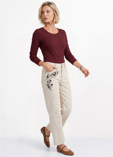 Jean wide avec broderies, spécial PETITE Ecru