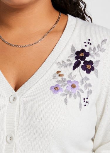 Gilet doux uni col V boutonné court brodé Ecru