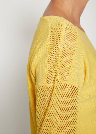 Pull en maille ajourée, manches 3/4 Jaune