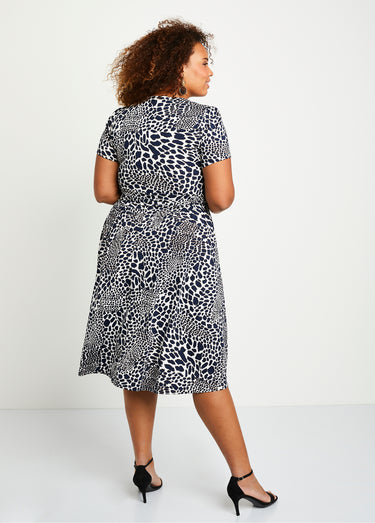 Robe imprimée drapée évasée courte Ecru/Marine