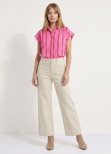 Chemisier rayures vives, manches revers Rose/Rouge
