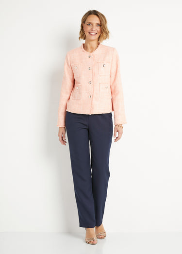 Veste sans col boutonnée courte tissu natté uni Abricot