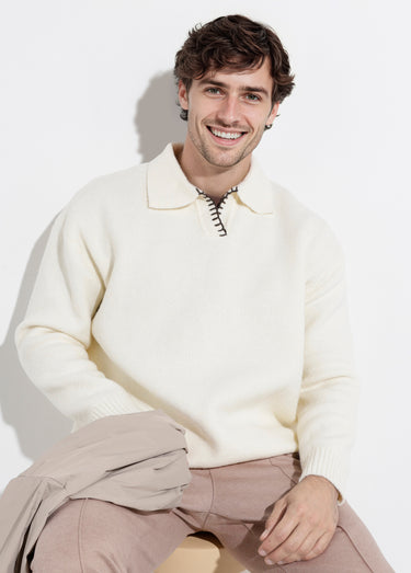 Pull avec col polo finition fantaisie Blanc
