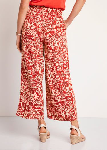 Pantalon large taille élastiquée fleuri ou uni Tomette/Ecru