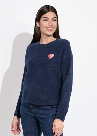 Pull col rond détail motif sequins Marine