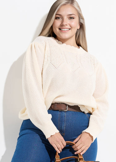 Pull col V maille fantaisie et sequins Ecru