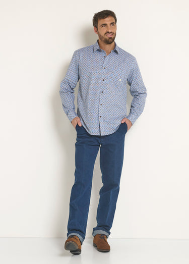 Chemise coton micro motif manches longues Bleu
