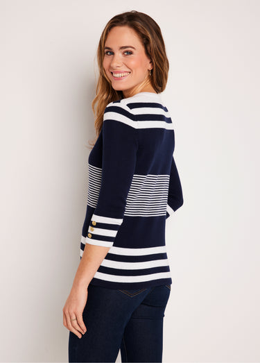Pull rayé manches 3/4 coton Marine / Blanc