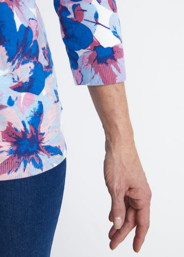 Pull manches 3/4 imprimé floral Bleu/Rose
