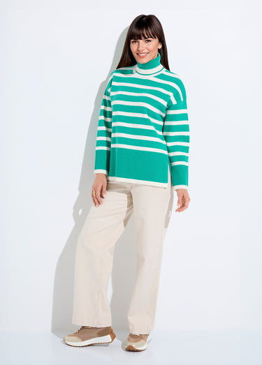 Pull col roulé manches longues descendues Raye Vert
