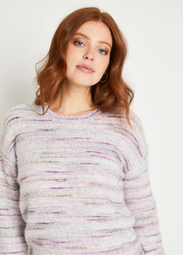 Pull chaud mouliné col rond avec laine Lilas/Ecru