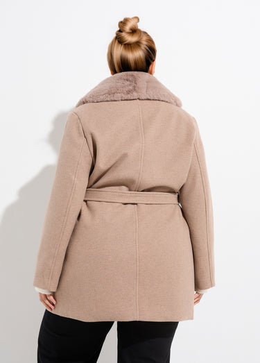 Manteau toucher laineux col fourrure Beige