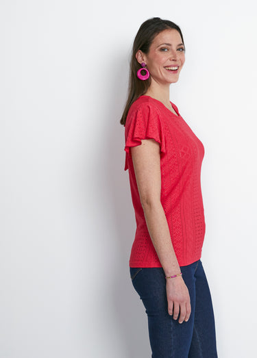 Tee-shirt manches papillon maille ajourée Framboise