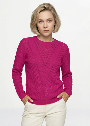 Pull col rond maille ajourée et boules Fuchsia