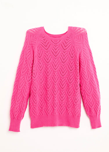 Pull doux court col rond uni ajouré Rose