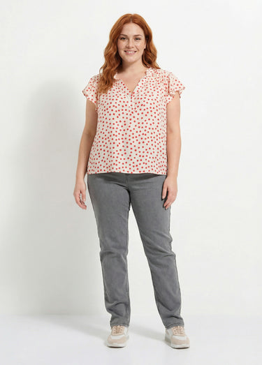 Blouse à pois, volants col et manches Ecru/Rouge