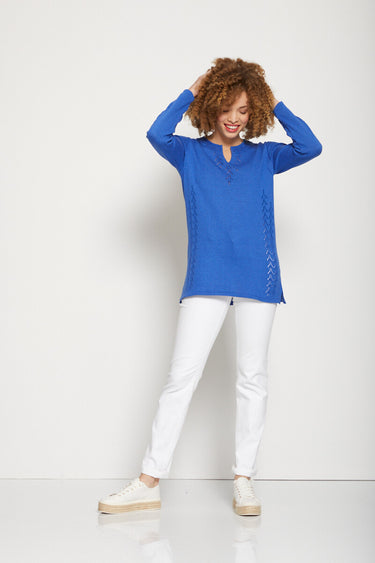 Pull-tunique motif ajouré col fantaisie Bleu