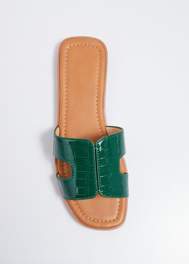 Mules plates vernies, imitation croco Vernis Vert