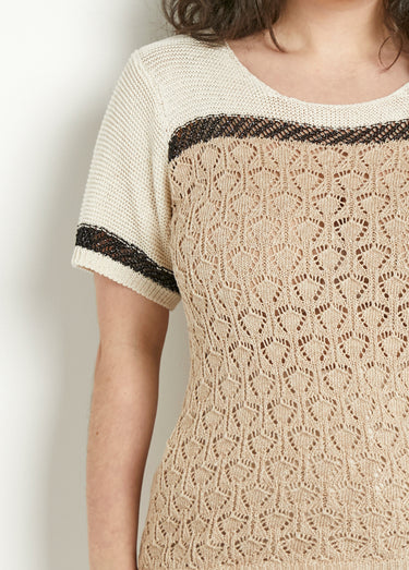 Pull doux brillant manches courtes col rond Beige/Noir