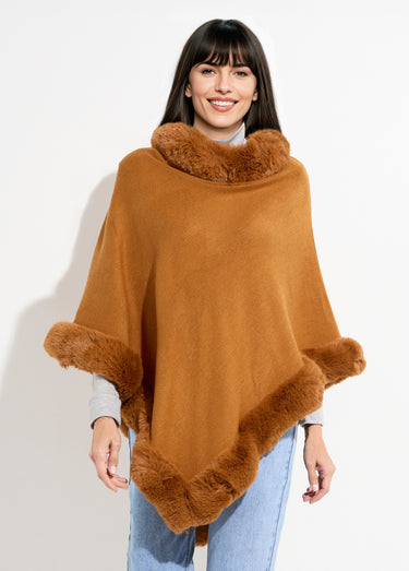 Poncho cape, bord fourrure ton sur ton Camel