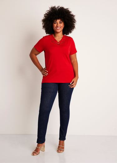 T-shirt col V ajouré brodé Rouge