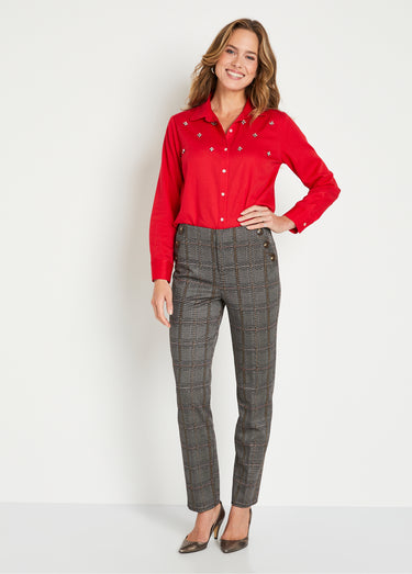 Chemisier droit boutonné coton uni bijoux Rouge