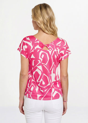 T-shirt droit court col V imprimé graphique Fuchsia/Blanc