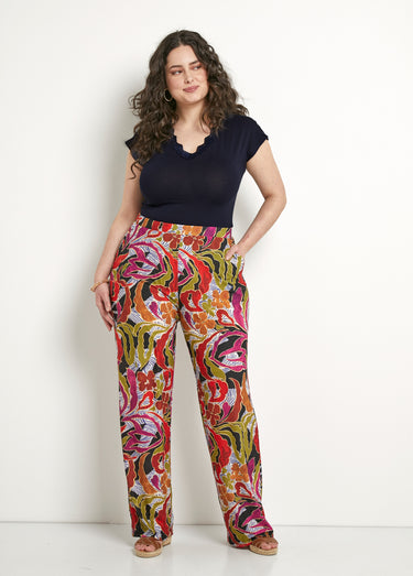 Pantalon large taille élastiquée imprimé Noir/Parme
