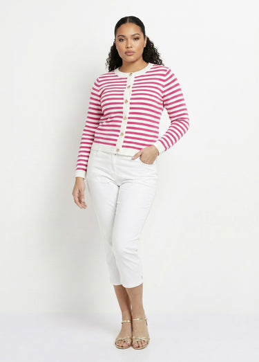 Gilet cardigan court col rond rayé boutonné Raye Fuchsia