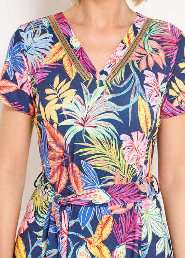Robe col V courte évasée imprimé feuilles Marine/Rose