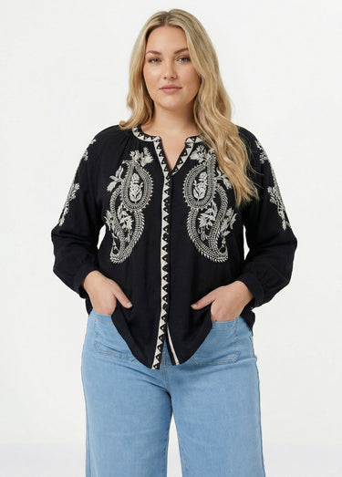 Blouse avec broderies et petit col V Noir/Ecru