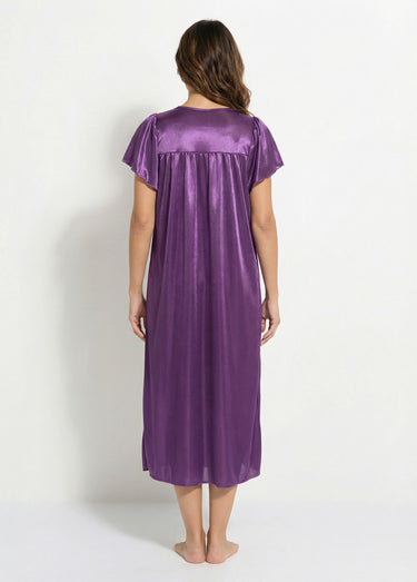 Chemise de nuit satinée longue antistatique dentelle Prune