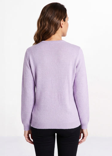 Pull doux uni brodé col rond manches longues Lilas