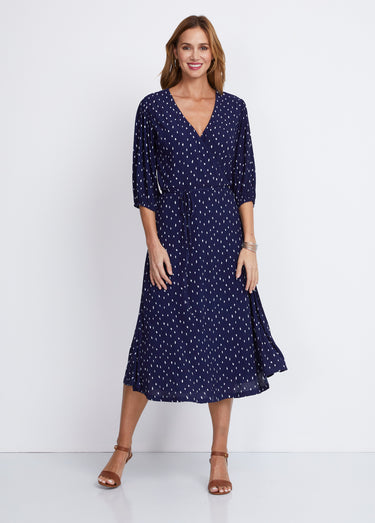 Robe mi longue cache-coeur pois Marine / Blanc