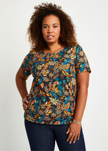 T-shirt droit long manches courtes Imprime Fond Noir
