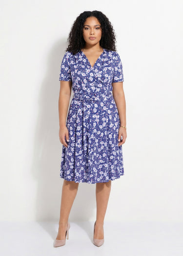 Robe évasée cache-coeur fleurie Fond Marine