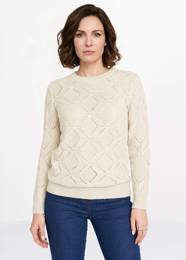Pull tunique mi long uni col rond maille ajourée Ecru