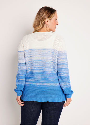 Gilet long col V boutonné coton Blanc/Bleu