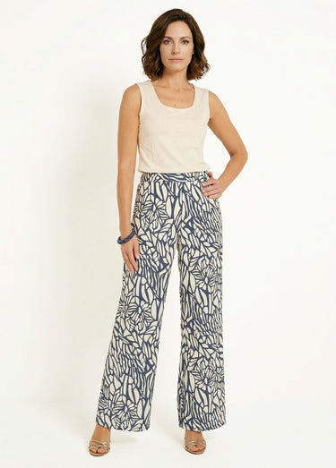 Pantalon large semi élastiqué motif graphique Marine / Blanc
