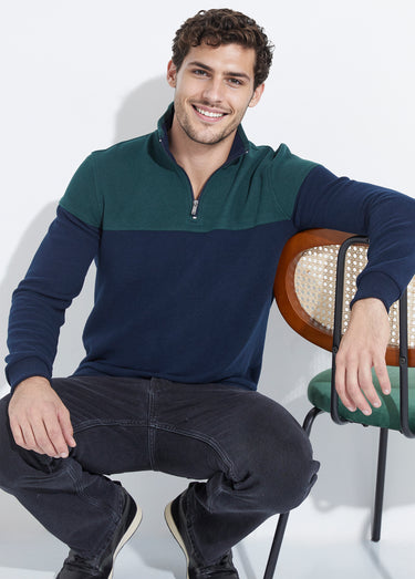 Pull bicolore doux, col montant 1/2 zip Vert